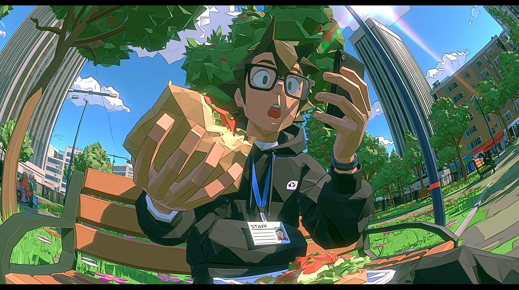 The same low-poly park scene as the reference: a young man in a black hoodie with a small white logo on the chest and a white staff ID badge on a blue lanyard sits on a park bench eating a big sandwich, holding up…