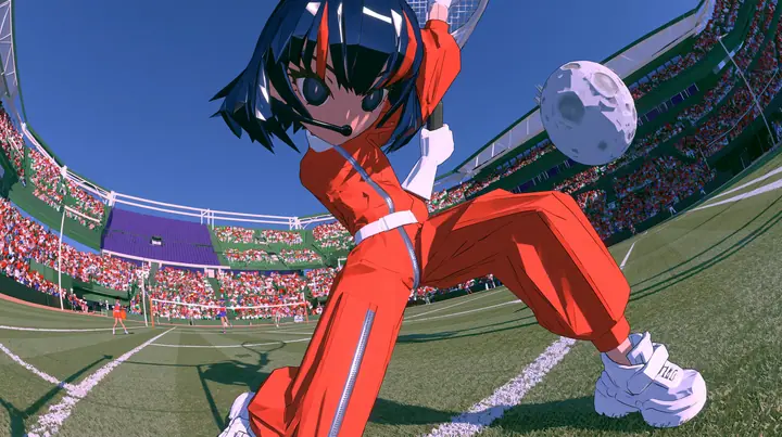 the 3D anime game heroine of the reference: a slim adult woman with a glossy faceted black bob, heavy bangs and one big clay-orange streak, large dark anime eyes, a thin black headset microphone, white gloves, a…