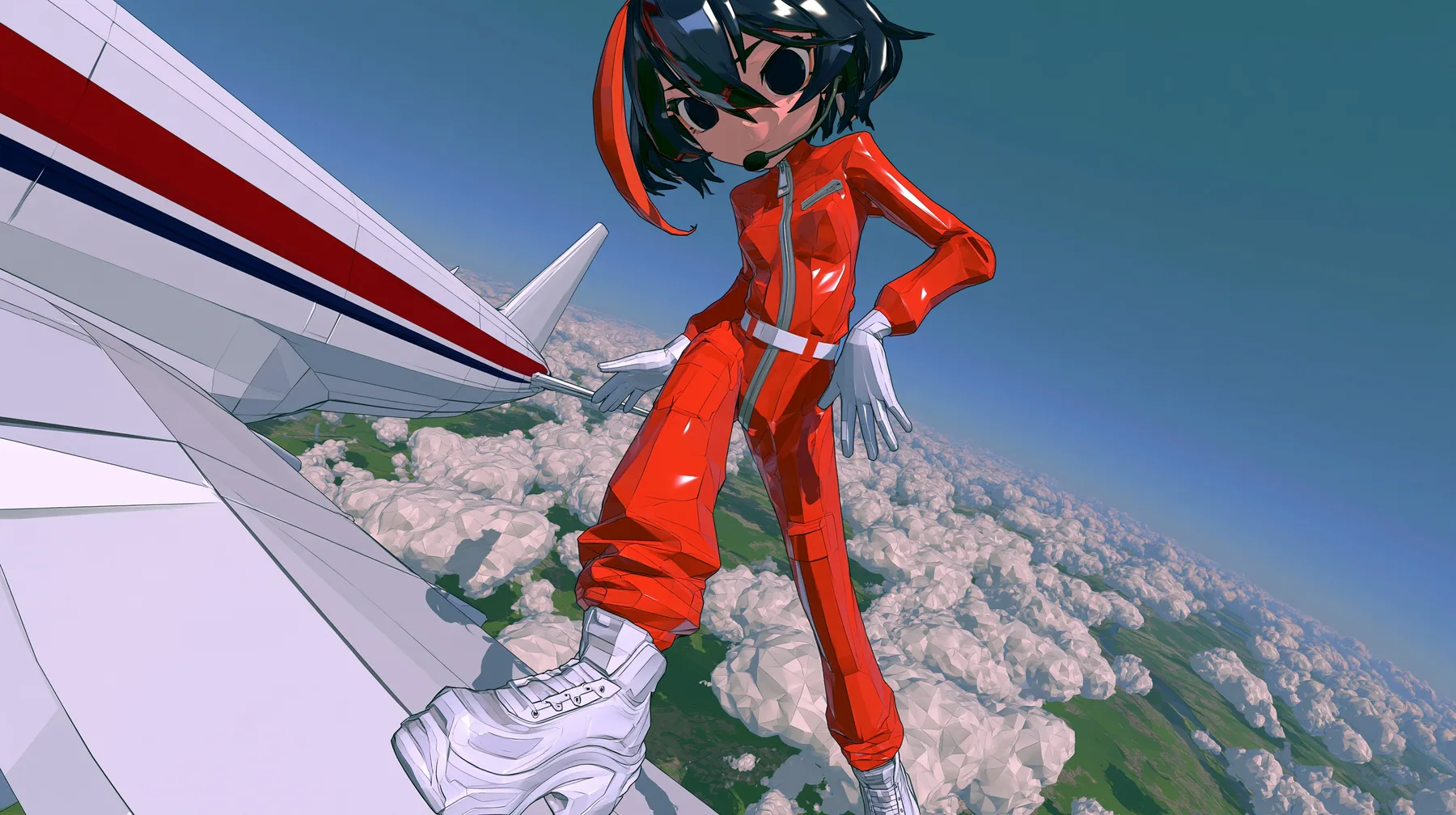 the 3D anime game heroine of the reference, a slim adult woman with a glossy faceted black bob, heavy bangs and one big clay-orange streak, large dark anime eyes, a thin black headset microphone, white gloves, a…