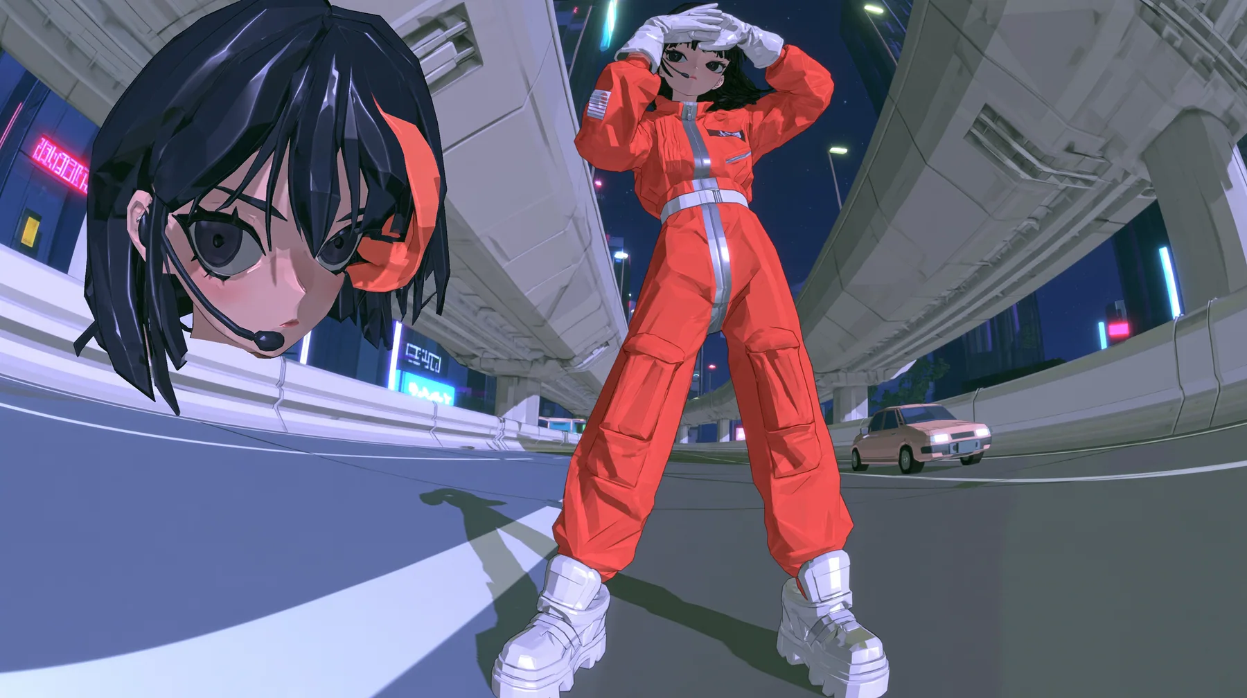 the 3D anime game heroine of the reference, a slim adult woman with a glossy faceted black bob, heavy bangs and one big clay-orange streak, large dark anime eyes, a thin black headset microphone, white gloves, a…