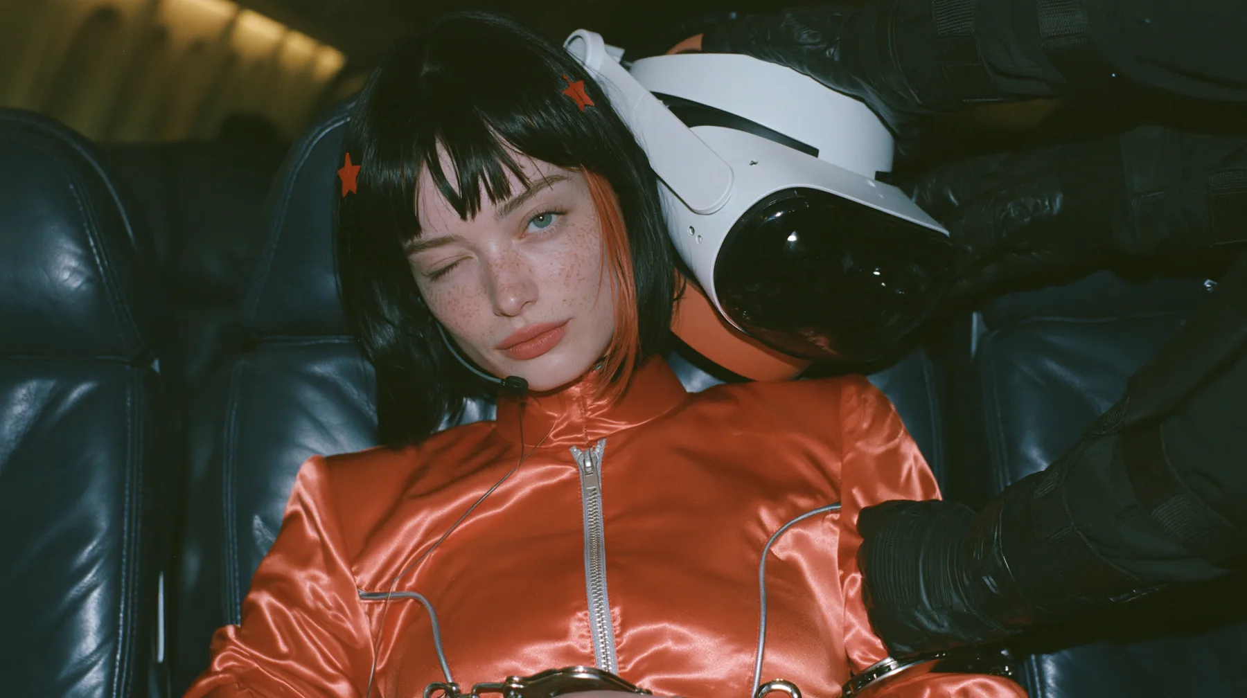 Close-up film still at eye level: a 32-year-old grown woman with elegant mature features, defined cheekbones and an angular jaw, pale freckled skin, a glossy black blunt bob with heavy bangs and one clay-orange…