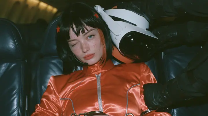 Close-up film still at eye level: a 32-year-old grown woman with elegant mature features, defined cheekbones and an angular jaw, pale freckled skin, a glossy black blunt bob with heavy bangs and one clay-orange…