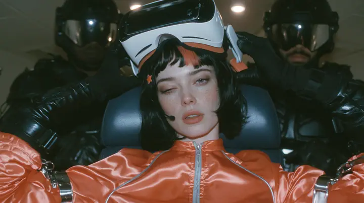 Cinematic close-up film still at eye level: a 32-year-old grown woman with elegant mature features, defined cheekbones and an angular jaw, pale freckled skin, a glossy black blunt bob with heavy bangs and one…