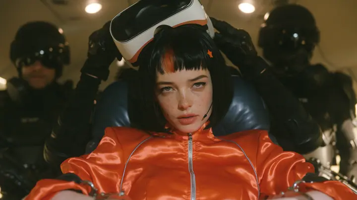 Cinematic close-up film still at eye level: a 32-year-old grown woman with elegant mature features, defined cheekbones and an angular jaw, pale freckled skin, a glossy black blunt bob with heavy bangs and one…