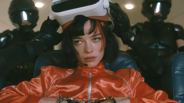 Cinematic close-up film still at eye level: a 32-year-old grown woman with elegant mature features, defined cheekbones and an angular jaw, pale freckled skin, a glossy black blunt bob with heavy bangs and one…
