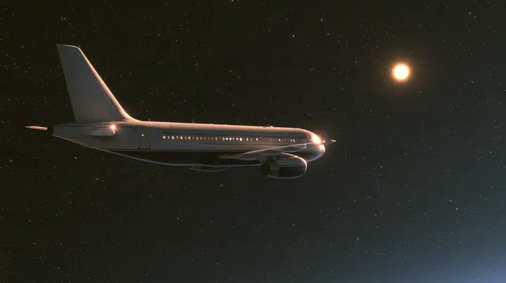 Cinematic exterior shot: a white airliner with a navy belly hangs calmly in deep space, seen from the side, its cabin windows softly lit; far beyond it, at a great distance, a huge yellow-white star glows at the…