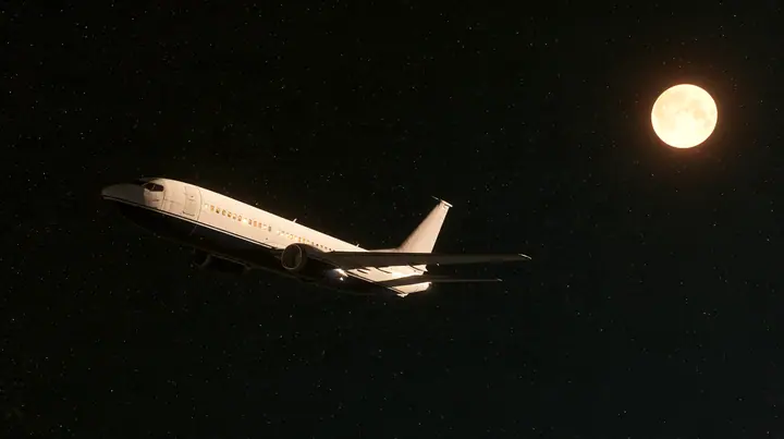 Cinematic exterior shot: a white airliner with a navy belly hangs calmly in deep space, seen from the side, its cabin windows softly lit; far beyond it, at a great distance, a huge yellow-white star glows at the…