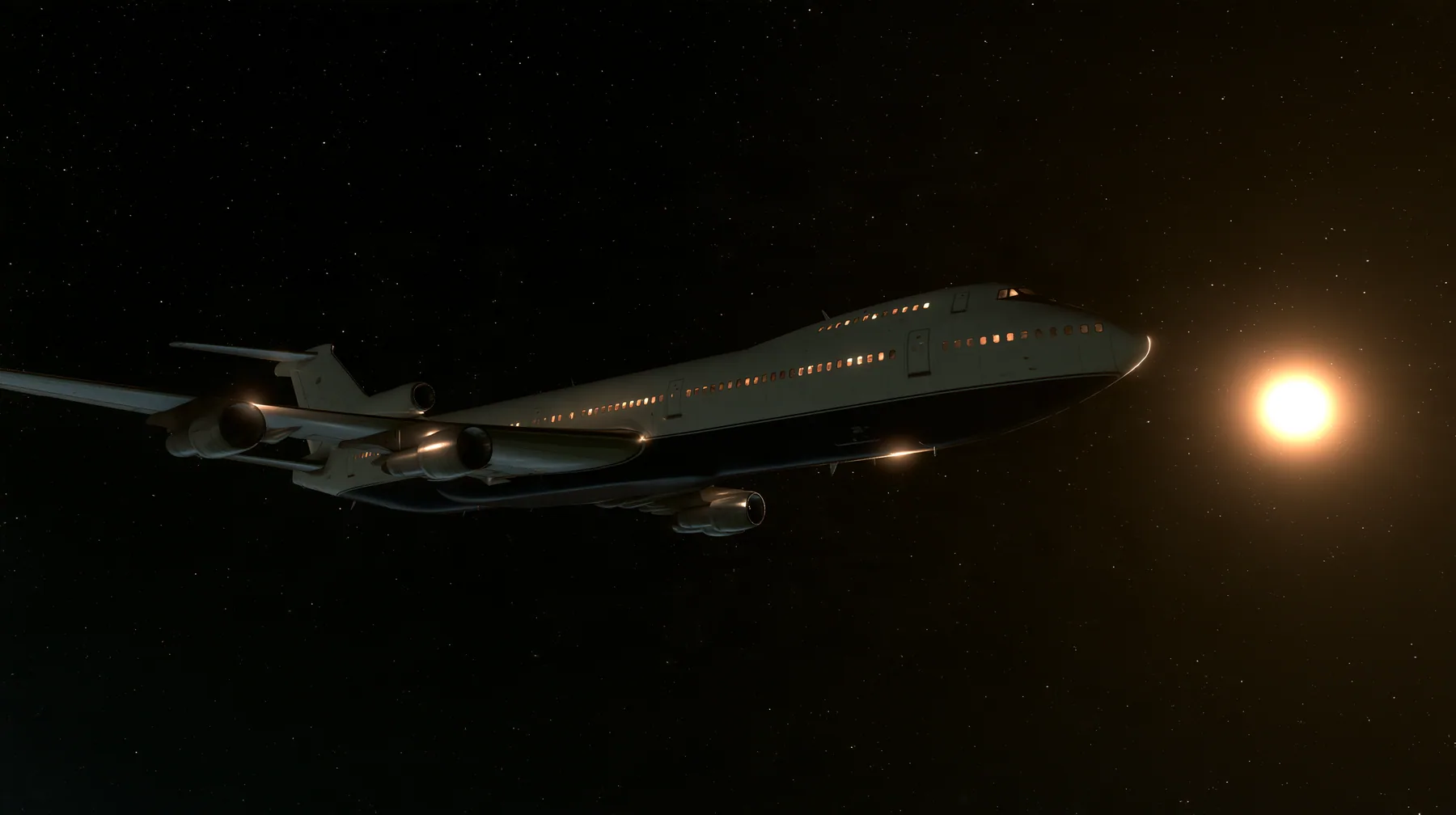 Cinematic exterior shot: a white airliner with a navy belly hangs calmly in deep space, seen from the side, its cabin windows softly lit; far beyond it, at a great distance, a huge yellow-white star glows at the…
