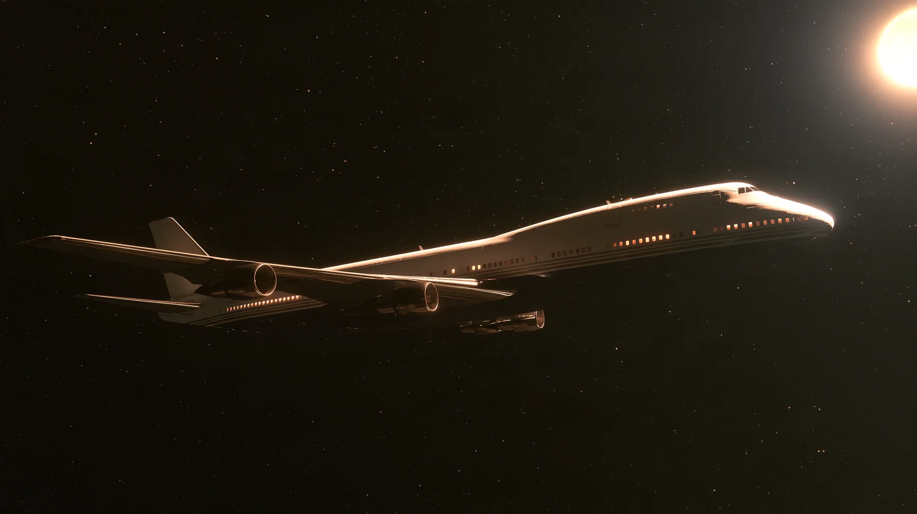 Cinematic exterior shot: a white airliner with a navy belly hangs calmly in deep space, seen from the side, its cabin windows softly lit; far beyond it, at a great distance, a huge yellow-white star glows at the…