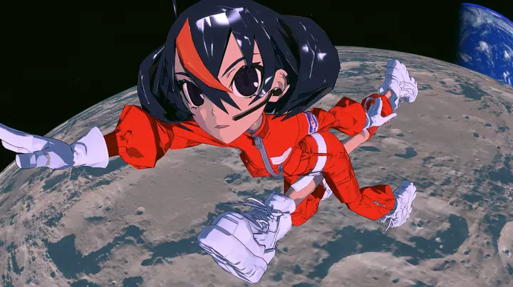 the 3D anime game heroine of the reference: a slim adult woman with long legs, her head about one seventh of her height, a glossy faceted black bob with heavy bangs and one big clay-orange streak, large dark anime…