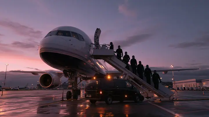 Cinematic wide film still at dusk from the tarmac, eye level: a modern white airliner with a navy belly at an airport gate, its forward door open at the top of a boarding stair truck; a calm line of four unarmed…