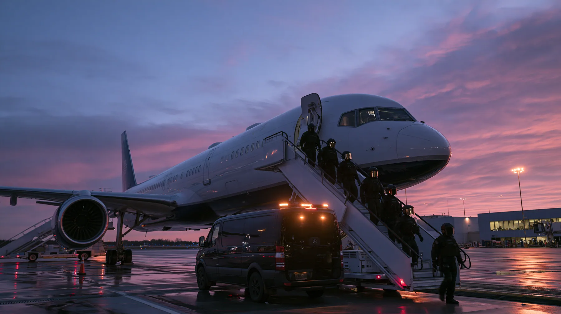 Cinematic wide film still at dusk from the tarmac, eye level: a modern white airliner with a navy belly at an airport gate, its forward door open at the top of a boarding stair truck; a calm line of four unarmed…