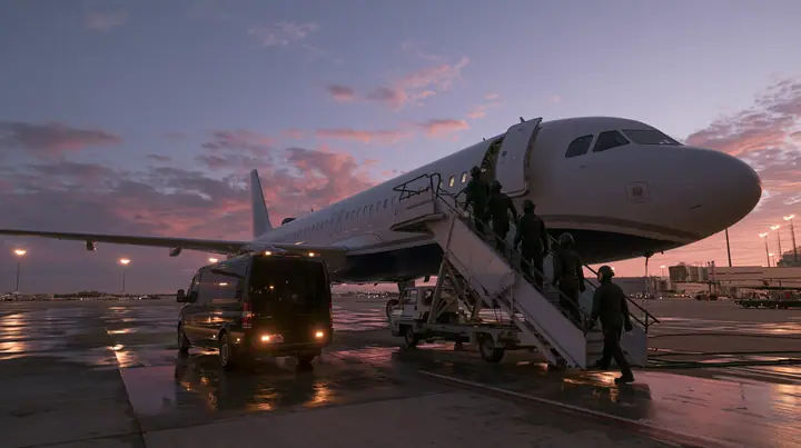 Cinematic wide film still at dusk from the tarmac, eye level: a modern white airliner with a navy belly at an airport gate, its forward door open at the top of a boarding stair truck; a calm line of four unarmed…