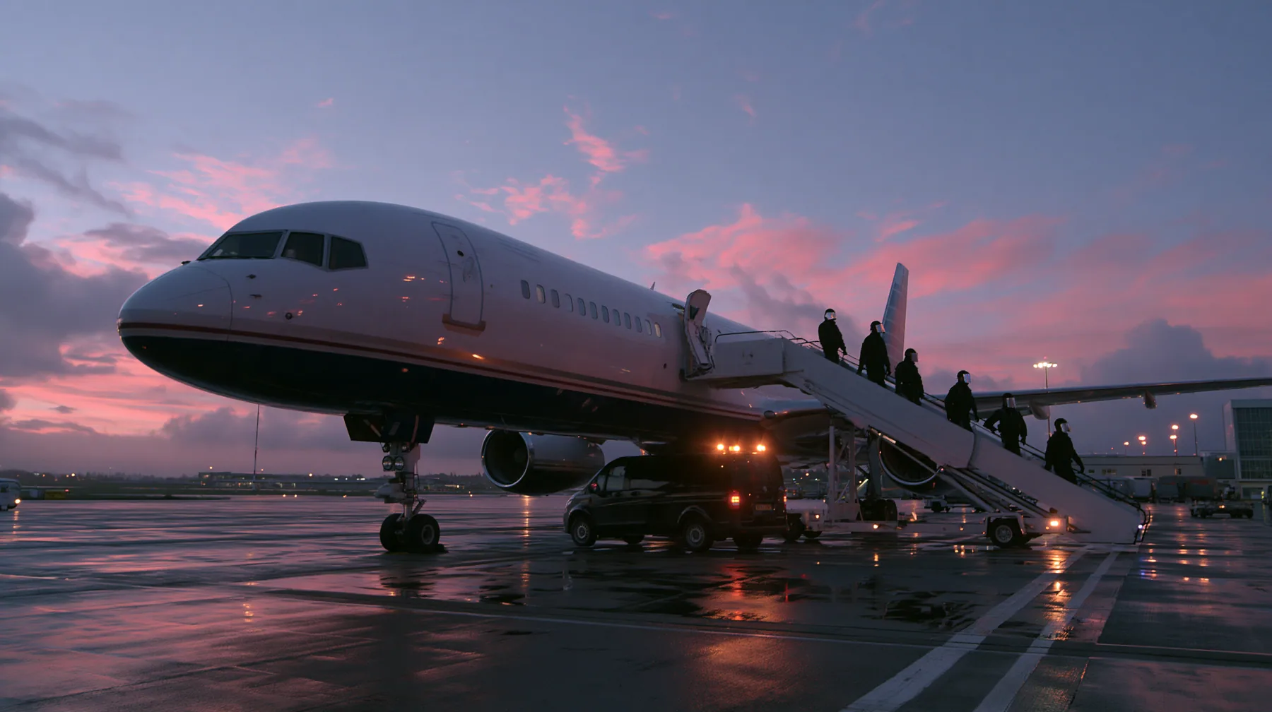 Cinematic wide film still at dusk from the tarmac, eye level: a modern white airliner with a navy belly at an airport gate, its forward door open at the top of a boarding stair truck; a calm line of four unarmed…