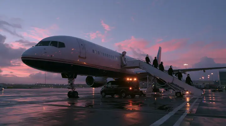 Cinematic wide film still at dusk from the tarmac, eye level: a modern white airliner with a navy belly at an airport gate, its forward door open at the top of a boarding stair truck; a calm line of four unarmed…