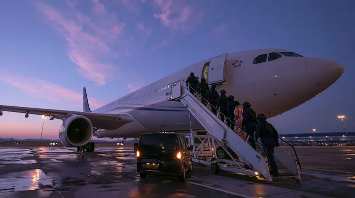 Cinematic wide film still at dusk from far behind on the wet tarmac, low camera: a calm line of six staff in full matte-black tactical gear and black helmets climbs a boarding stair truck to the open forward door of…