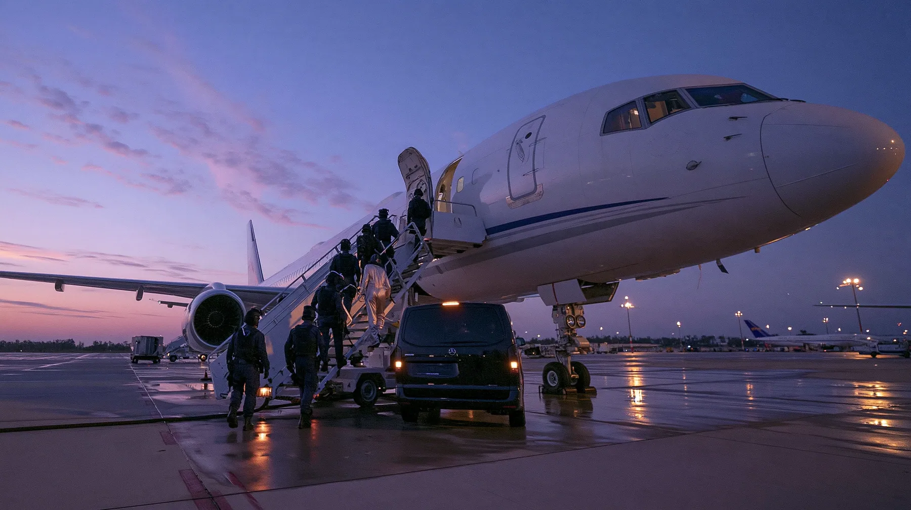 Cinematic wide film still at dusk from far behind on the wet tarmac, low camera: a calm line of six staff in full matte-black tactical gear and black helmets climbs a boarding stair truck to the open forward door of…