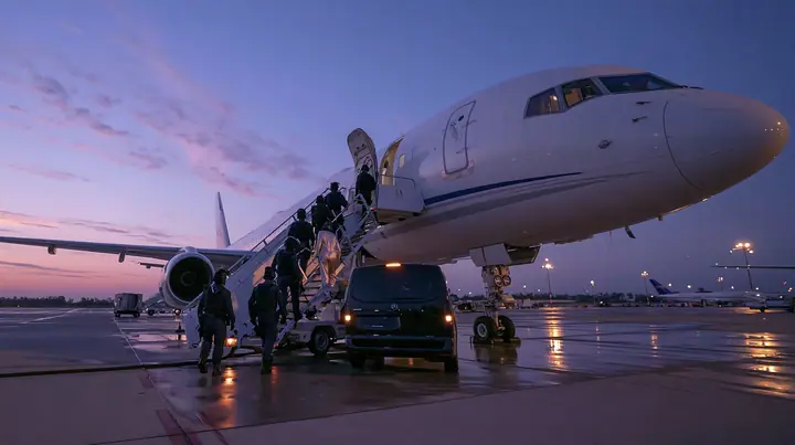 Cinematic wide film still at dusk from far behind on the wet tarmac, low camera: a calm line of six staff in full matte-black tactical gear and black helmets climbs a boarding stair truck to the open forward door of…