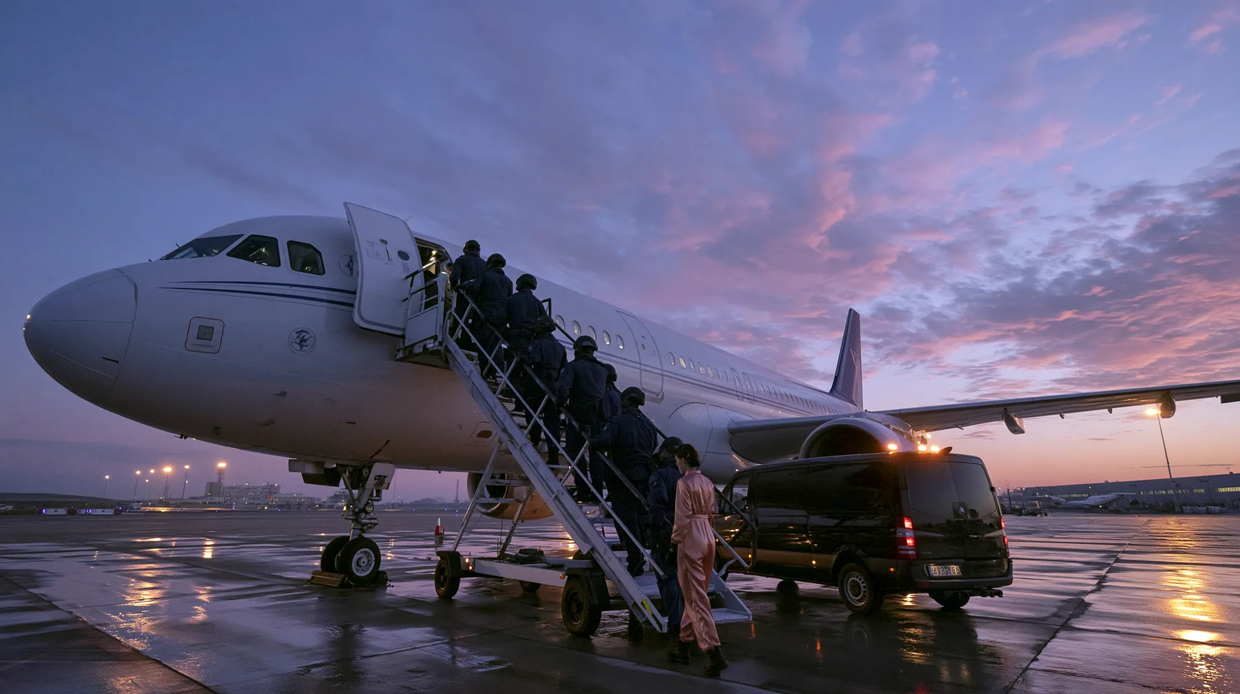 Cinematic wide film still at dusk from far behind on the wet tarmac, low camera: a calm line of six staff in full matte-black tactical gear and black helmets climbs a boarding stair truck to the open forward door of…