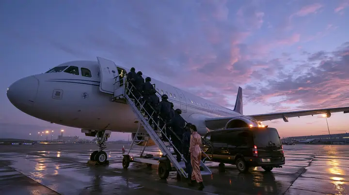 Cinematic wide film still at dusk from far behind on the wet tarmac, low camera: a calm line of six staff in full matte-black tactical gear and black helmets climbs a boarding stair truck to the open forward door of…