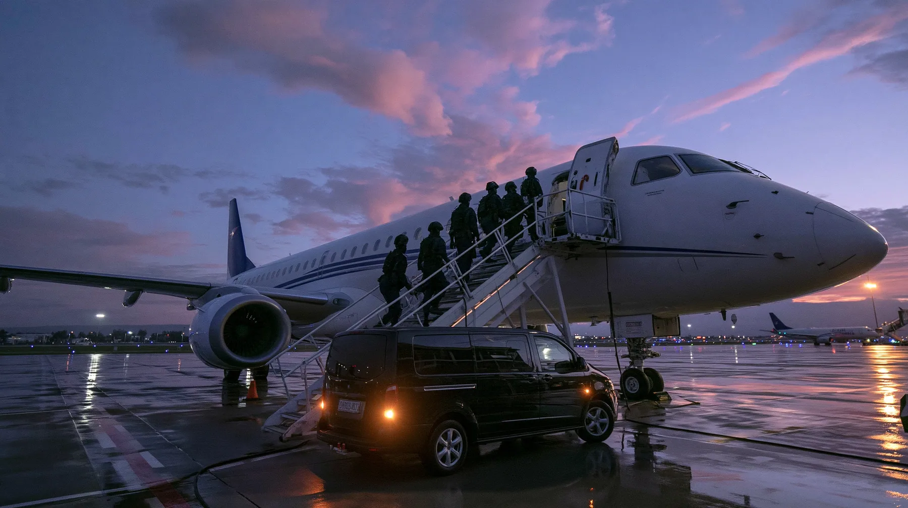 Cinematic wide film still at dusk from far behind on the wet tarmac, low camera: a calm line of six staff in full matte-black tactical gear and black helmets climbs a boarding stair truck to the open forward door of…