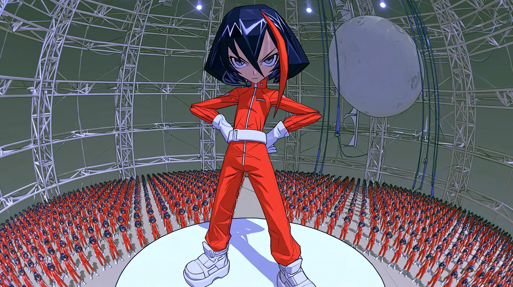 Epic wide shot: the 3D anime game heroine of the reference: a slim adult woman with long legs, her head about one seventh of her height, a glossy faceted black bob with heavy bangs and one big clay-orange streak, a…