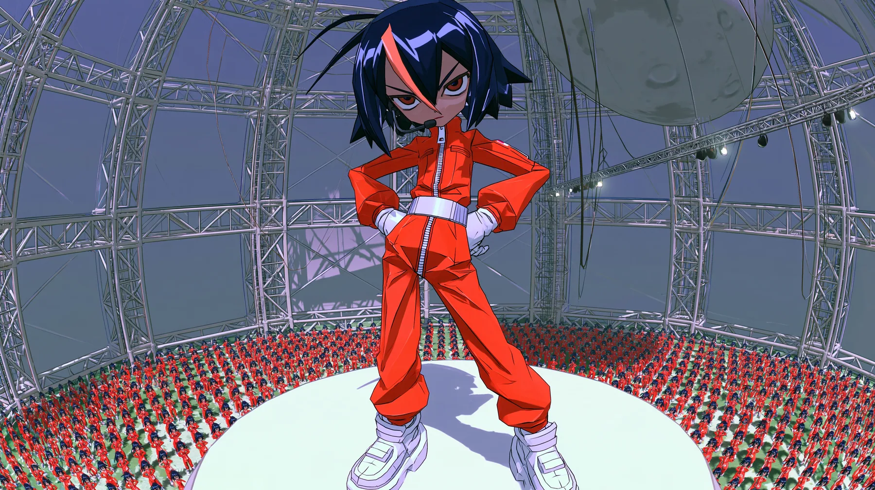 Epic wide shot: the 3D anime game heroine of the reference: a slim adult woman with long legs, her head about one seventh of her height, a glossy faceted black bob with heavy bangs and one big clay-orange streak, a…