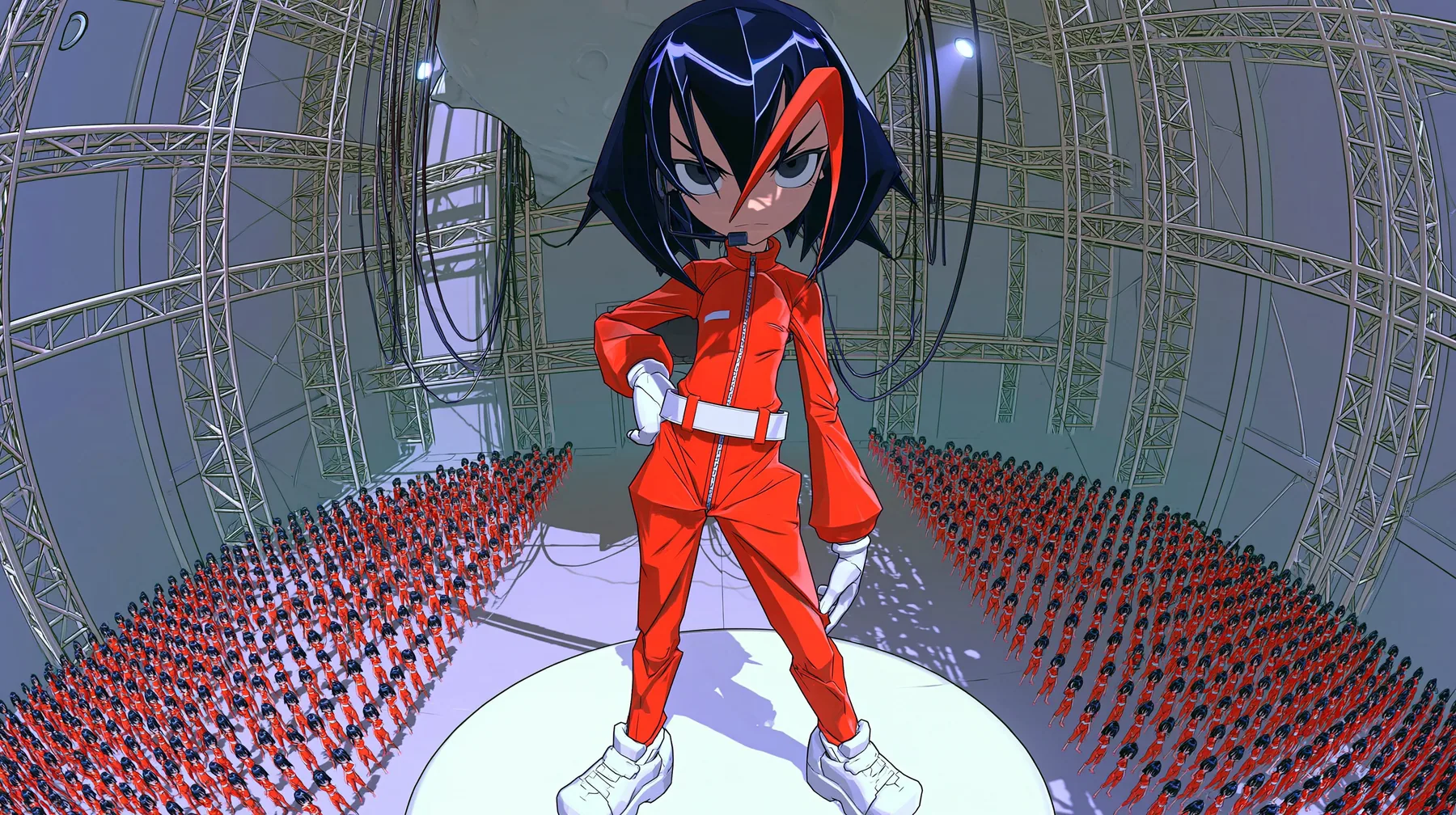 Epic wide shot: the 3D anime game heroine of the reference: a slim adult woman with long legs, her head about one seventh of her height, a glossy faceted black bob with heavy bangs and one big clay-orange streak, a…