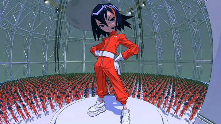 Epic wide shot: the 3D anime game heroine of the reference: a slim adult woman with long legs, her head about one seventh of her height, a glossy faceted black bob with heavy bangs and one big clay-orange streak, a…