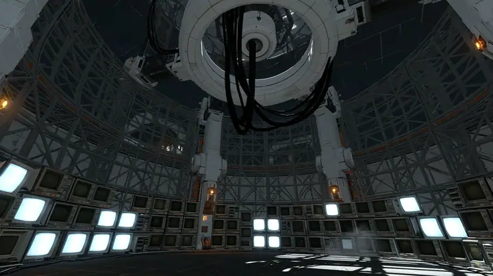 a vast dark circular machine chamber, a huge white ring mount on the ceiling with thick black cables hanging down where a robot used to hang, the curved grey lattice walls lined floor to ceiling with dozens of old…