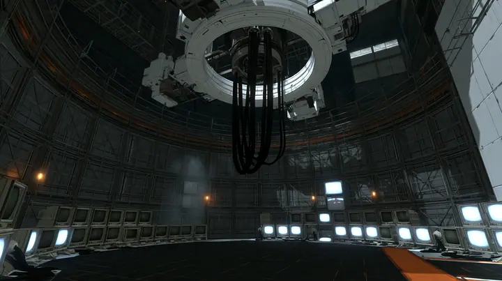 a vast dark circular machine chamber, a huge white ring mount on the ceiling with thick black cables hanging down where a robot used to hang, the curved grey lattice walls lined floor to ceiling with dozens of old…