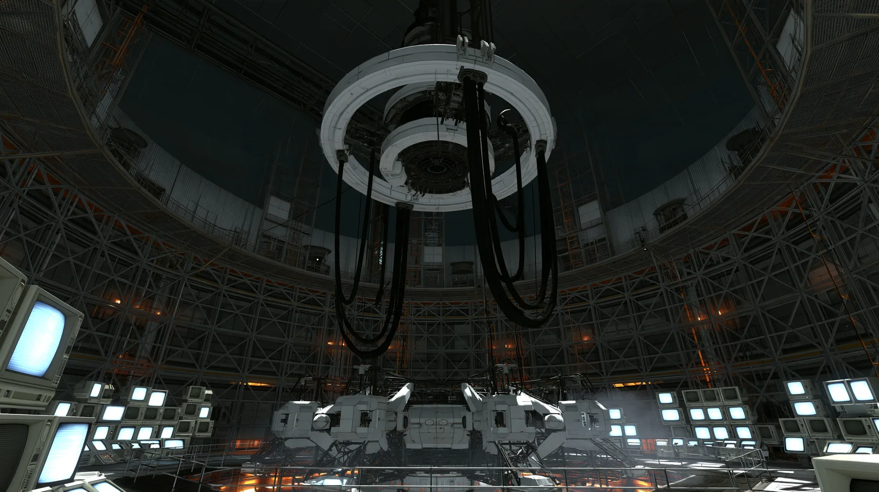a vast dark circular machine chamber, a huge white ring mount on the ceiling with thick black cables hanging down where a robot used to hang, the curved grey lattice walls lined floor to ceiling with dozens of old…