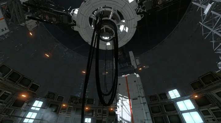 a vast dark circular machine chamber, a huge white ring mount on the ceiling with thick black cables hanging down where a robot used to hang, the curved grey lattice walls lined floor to ceiling with dozens of old…