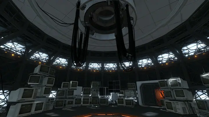 Portal 2 (2011) Source engine screenshot, Valve, the empty Aperture Science central AI chamber: the ceiling ring mount with thick black cables hanging down, dozens of old CRT monitors and flat panel screens stacked…