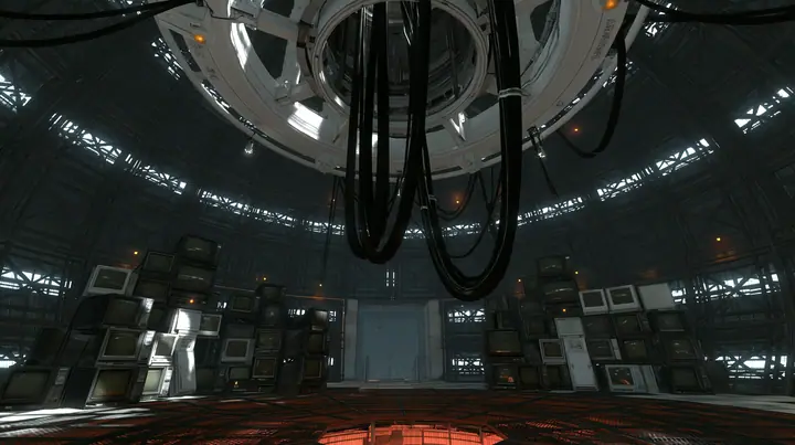 Portal 2 (2011) Source engine screenshot, Valve, the empty Aperture Science central AI chamber: the ceiling ring mount with thick black cables hanging down, dozens of old CRT monitors and flat panel screens stacked…