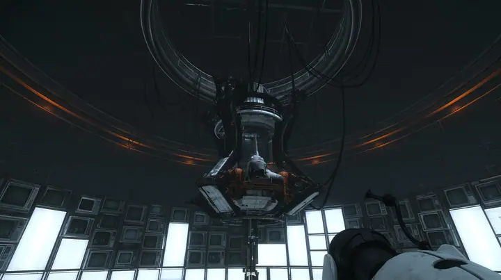 the same dark circular AI chamber with the ceiling ring and hanging cables, its curved walls now lined floor to ceiling with dozens of old CRT monitors and flat panel screens glowing faint white, warm amber accent…