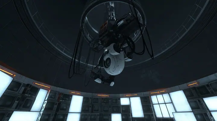 the same dark circular AI chamber with the ceiling ring and hanging cables, its curved walls now lined floor to ceiling with dozens of old CRT monitors and flat panel screens glowing faint white, warm amber accent…