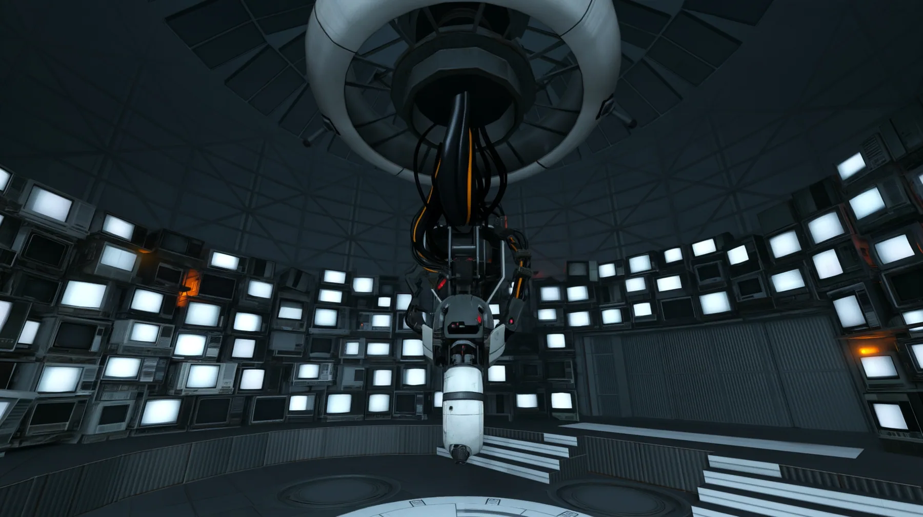 Line the curved walls of this chamber, behind and around the hanging machine, with dozens of old CRT monitors and flat panel screens stacked floor to ceiling, all glowing faint white, with a few warm amber lights.…