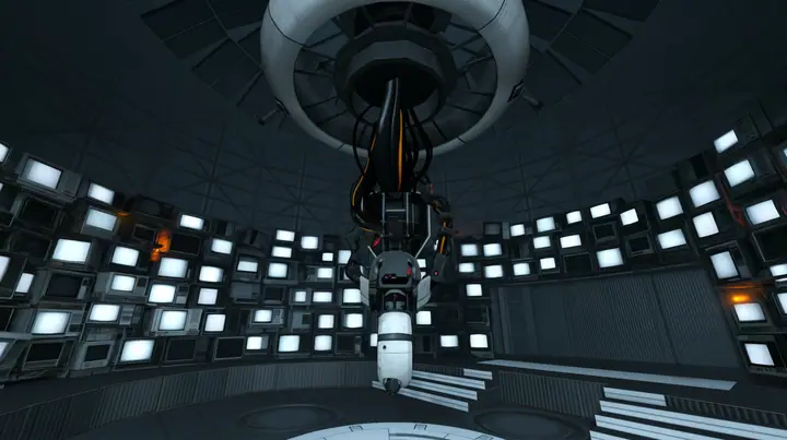 Line the curved walls of this chamber, behind and around the hanging machine, with dozens of old CRT monitors and flat panel screens stacked floor to ceiling, all glowing faint white, with a few warm amber lights.…