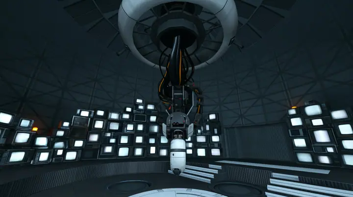 Line the curved walls of this chamber, behind and around the hanging machine, with dozens of old CRT monitors and flat panel screens stacked floor to ceiling, all glowing faint white, with a few warm amber lights.…