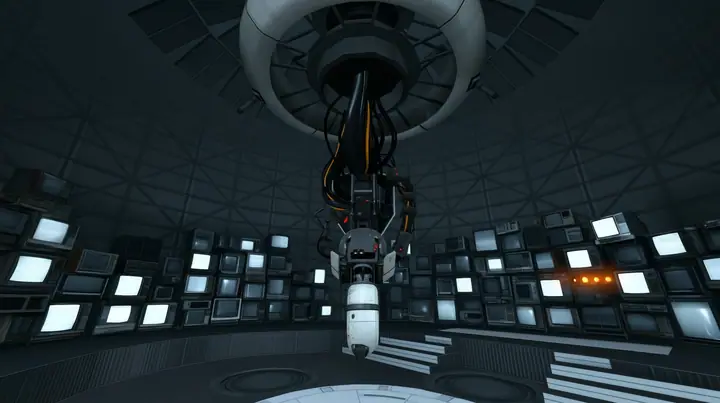 Line the curved walls of this chamber, behind and around the hanging machine, with dozens of old CRT monitors and flat panel screens stacked floor to ceiling, all glowing faint white, with a few warm amber lights.…