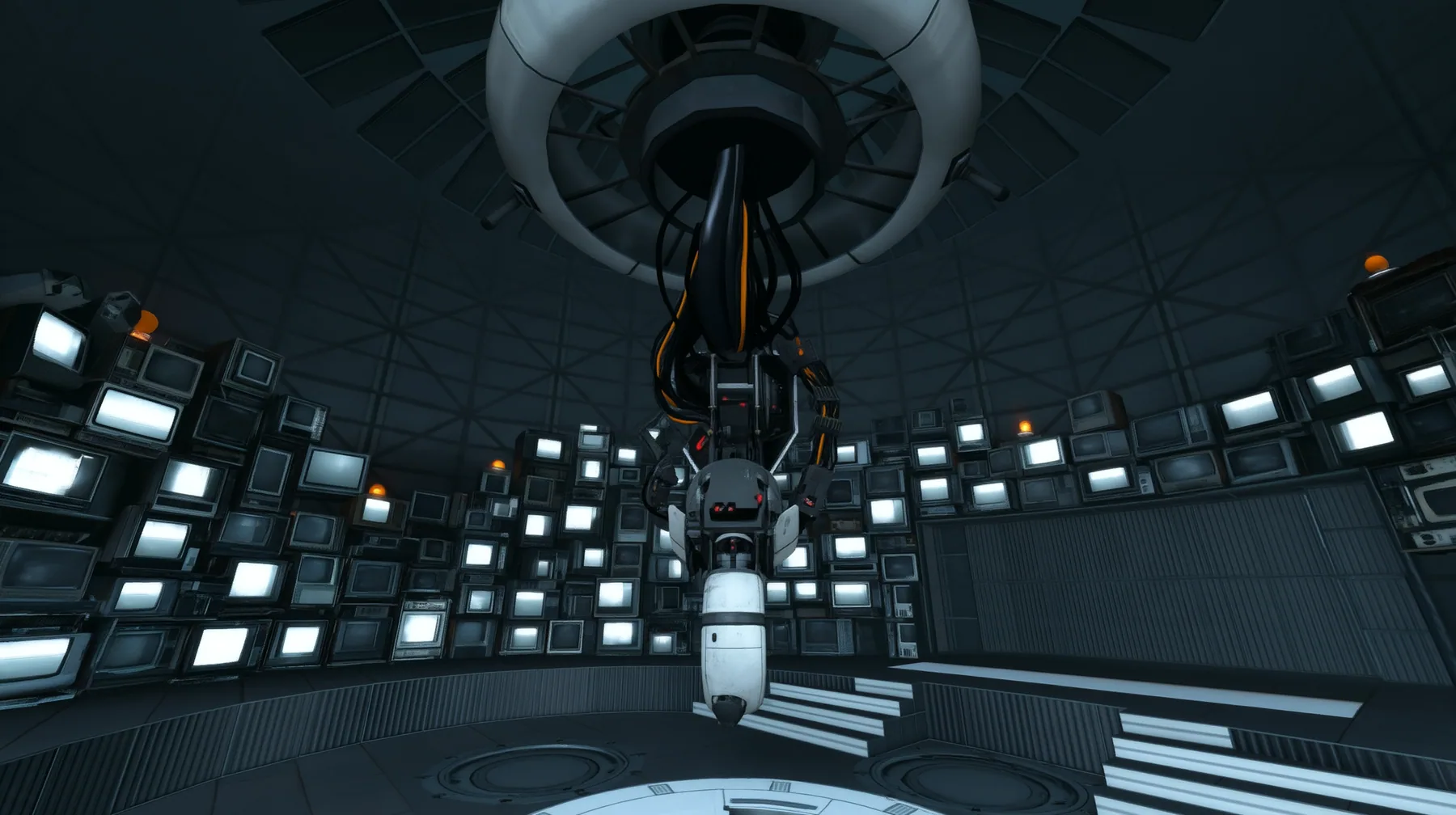 Line the curved walls of this chamber, behind and around the hanging machine, with dozens of old CRT monitors and flat panel screens stacked floor to ceiling, all glowing faint white, with a few warm amber lights.…