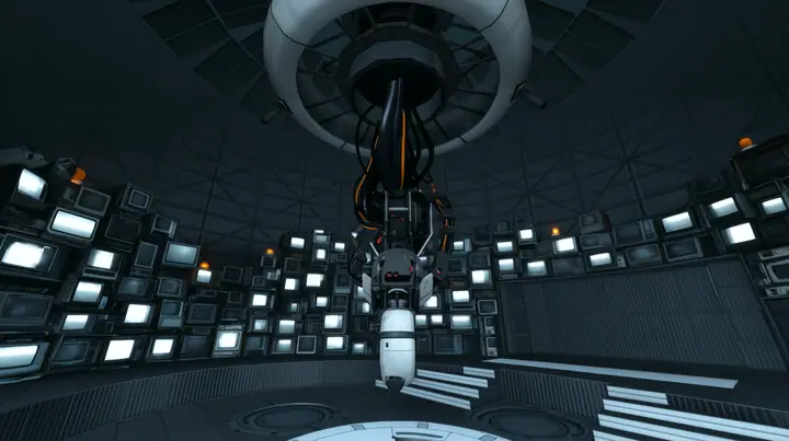 Line the curved walls of this chamber, behind and around the hanging machine, with dozens of old CRT monitors and flat panel screens stacked floor to ceiling, all glowing faint white, with a few warm amber lights.…