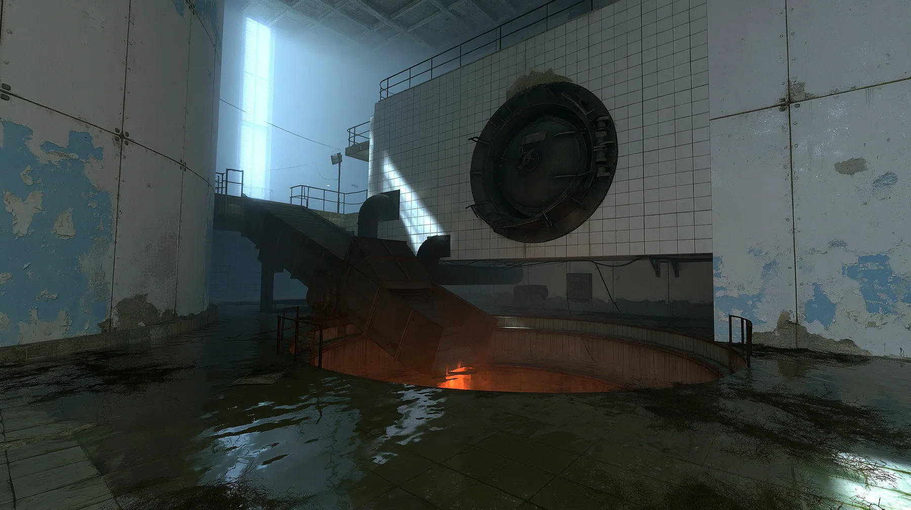 a derelict industrial disposal room, a large round hatch in a tiled wall above a sloped conveyor chute dropping into a pit glowing orange from an incinerator below, shallow murky water on the floor, peeling white…
