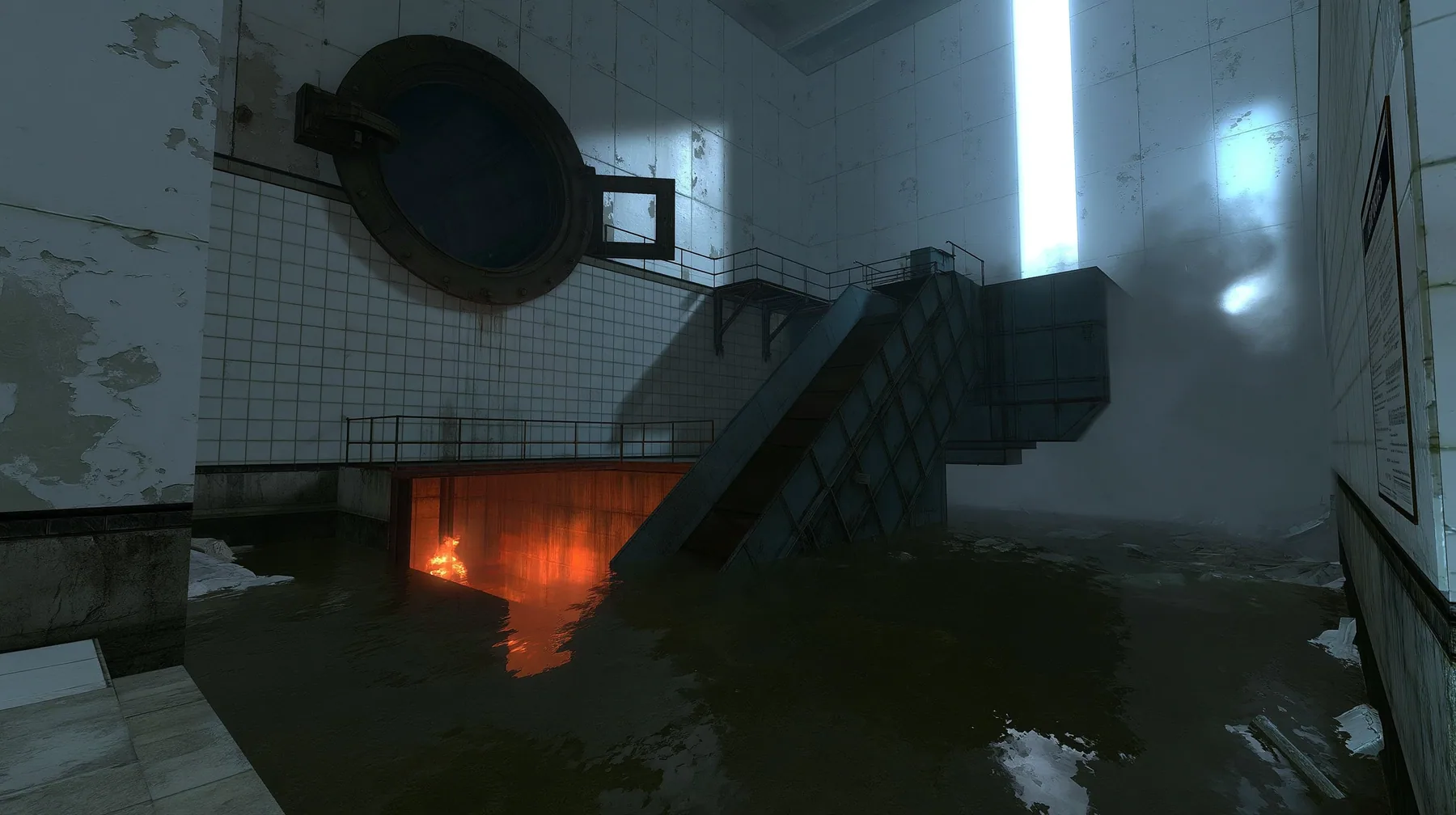 a derelict industrial disposal room, a large round hatch in a tiled wall above a sloped conveyor chute dropping into a pit glowing orange from an incinerator below, shallow murky water on the floor, peeling white…