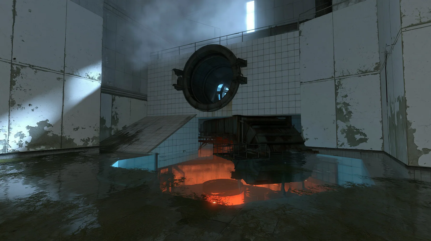 a derelict industrial disposal room, a large round hatch in a tiled wall above a sloped conveyor chute dropping into a pit glowing orange from an incinerator below, shallow murky water on the floor, peeling white…