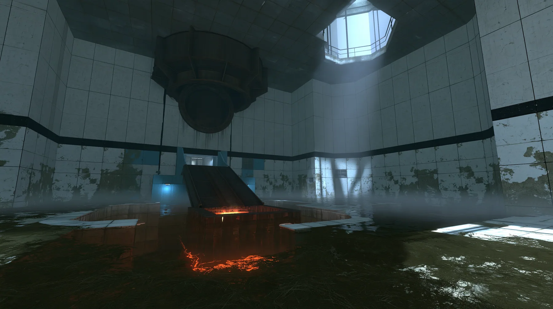 Portal 2 (2011) Source engine screenshot, Valve, a derelict Aperture Science disposal room: a big round chute hatch in the panelled wall above a sloped conveyor dropping into a glowing orange incinerator pit, flooded…