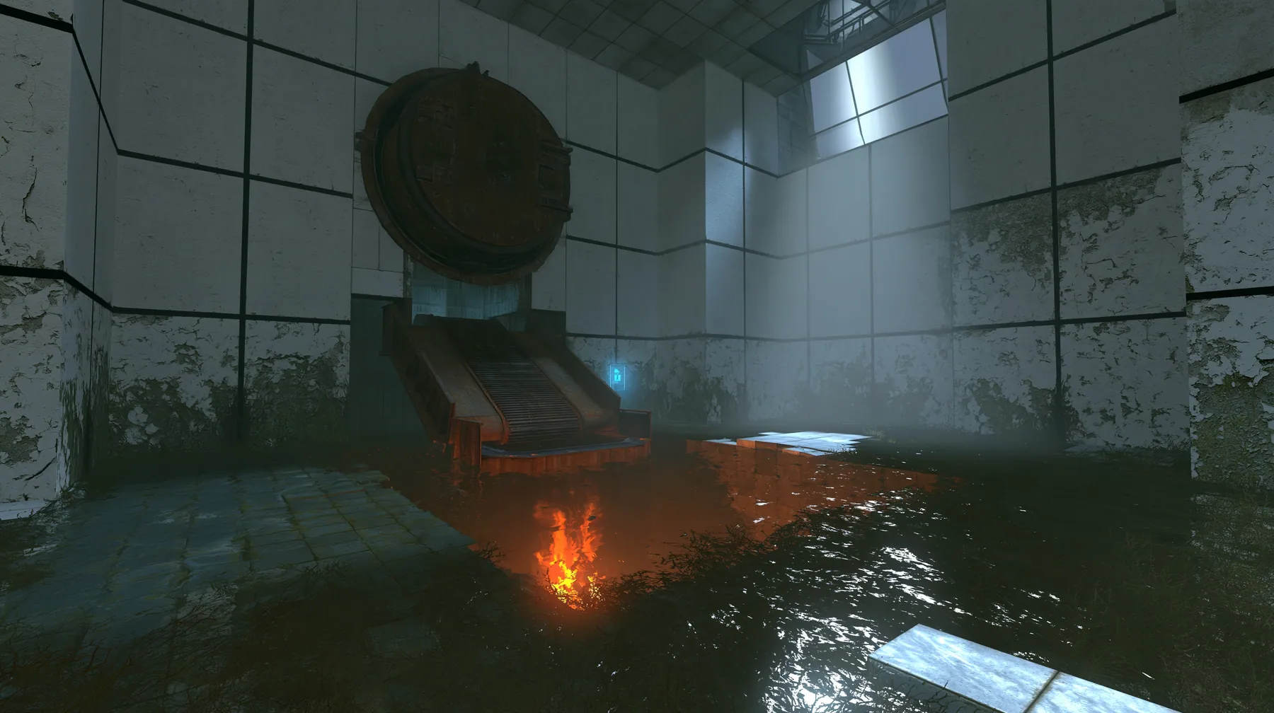 Portal 2 (2011) Source engine screenshot, Valve, a derelict Aperture Science disposal room: a big round chute hatch in the panelled wall above a sloped conveyor dropping into a glowing orange incinerator pit, flooded…