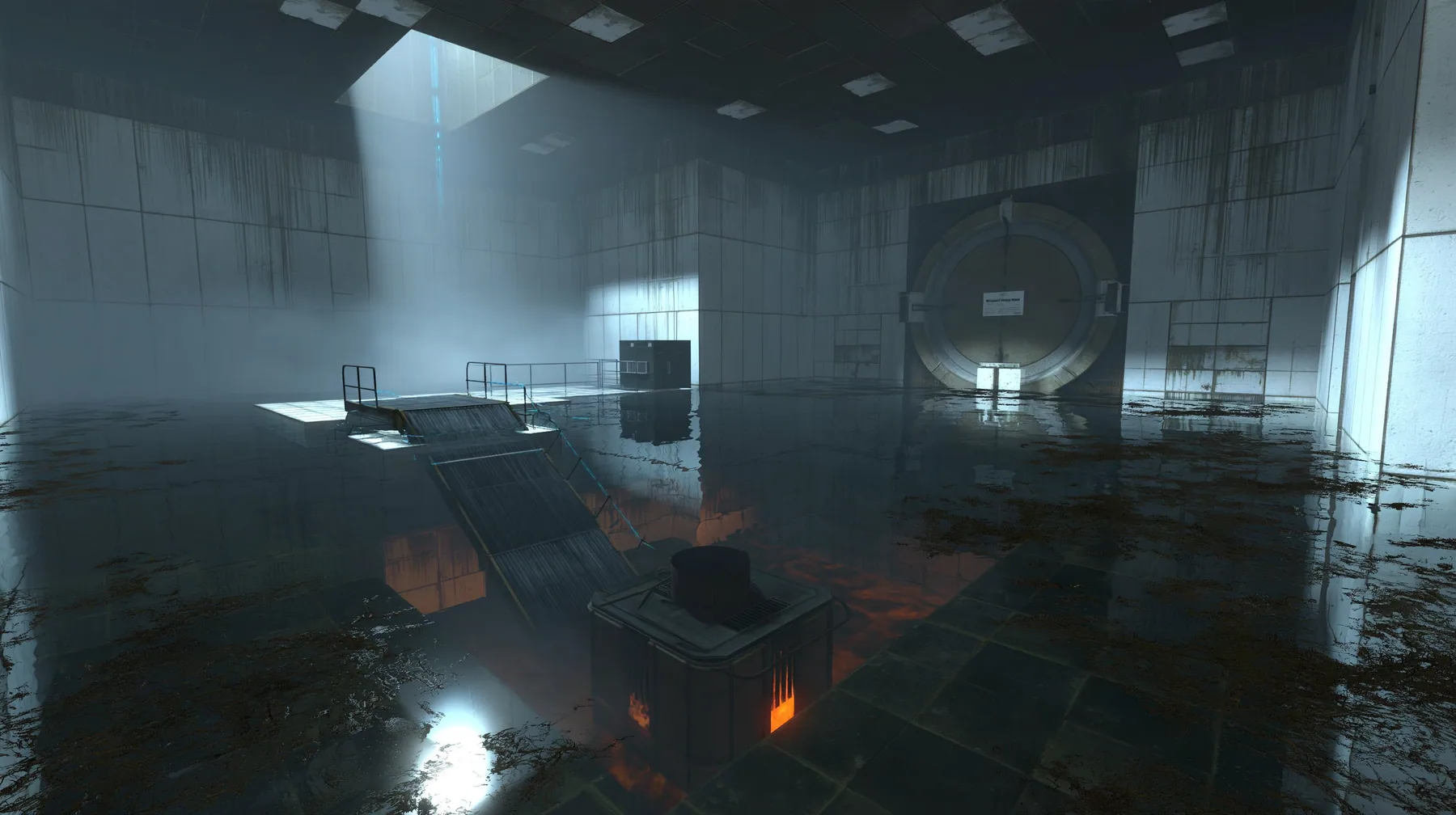 this flooded abandoned test chamber with a big round disposal chute hatch in the far wall and a sloped conveyor dropping into a pit glowing orange from an incinerator, fog, a shaft of cold light, Portal 2 Source…