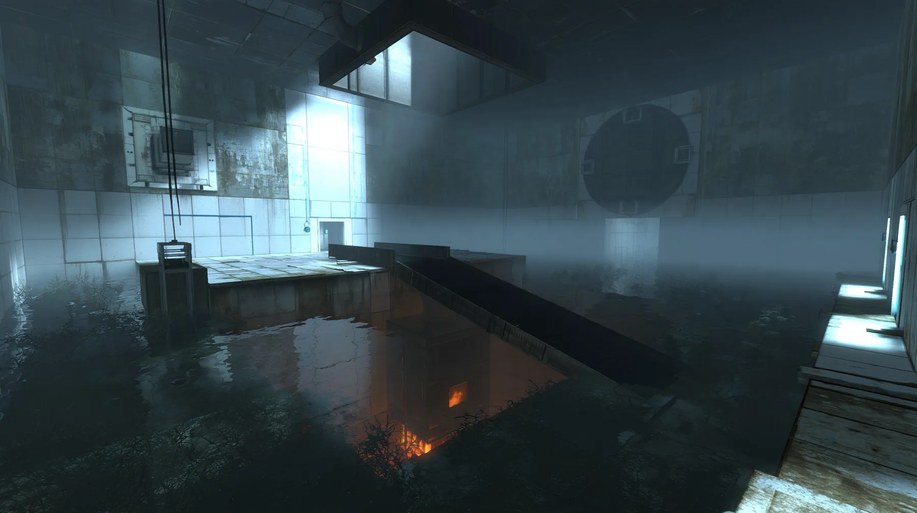 this flooded abandoned test chamber with a big round disposal chute hatch in the far wall and a sloped conveyor dropping into a pit glowing orange from an incinerator, fog, a shaft of cold light, Portal 2 Source…